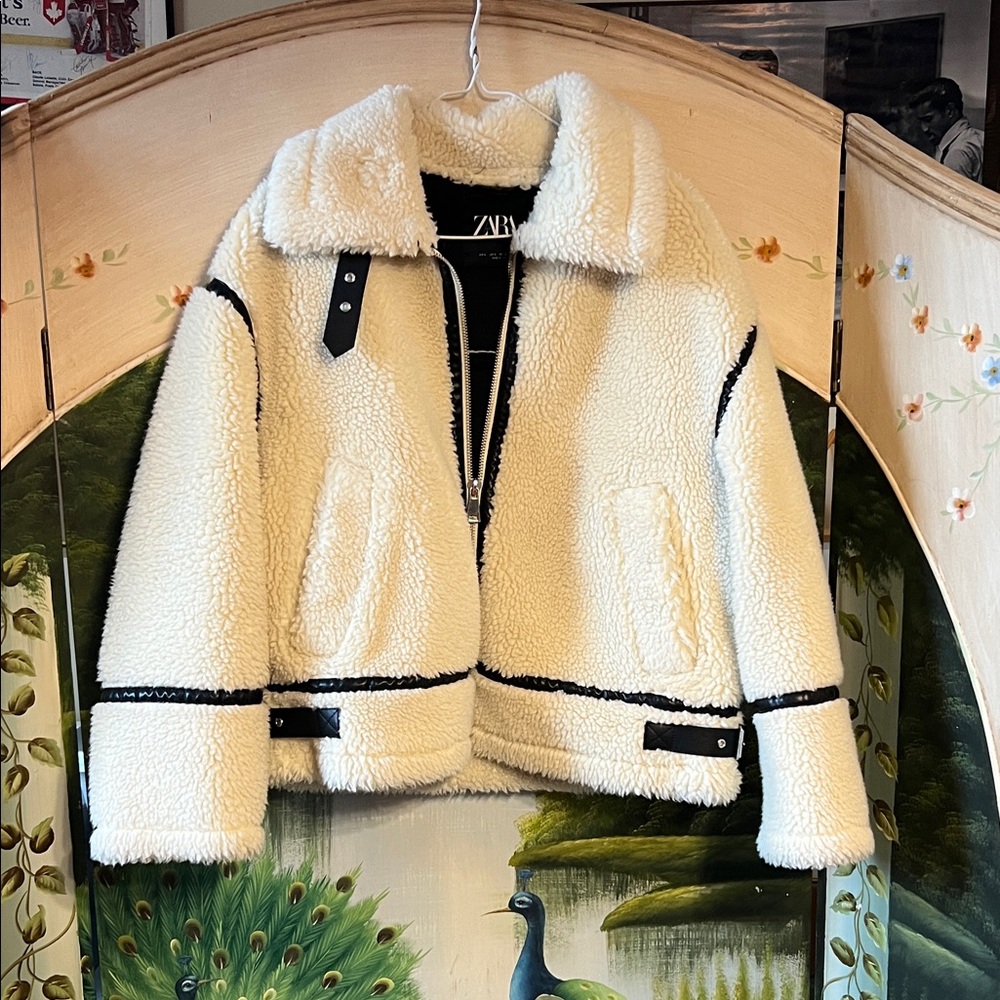 Zara Cream Teddy Jacket with Black Accents